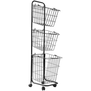 Wäschekorb auf Rollen 3 Fächer Große Wäschesammler Metall Fahrbar Wäscheständer mit Griffen, 26×32×123cm Laundry Basket Metall Fahrbar Wäschewagen Platzsparend für Badezimmer, Waschküche (Schwarz)