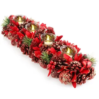 COM-FOUR® Adventskranz länglich, Kerzenständer Weihnachten für 4 Kerzen, Kerzenhalter, Adventsgesteck, XL Adventskerzenhalter, Kerzenleiste als Tischdeko (Adventsgesteck roter Glitter - 4 Kerzen)
