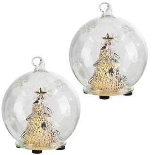 Tischleuchte Weihnachtsdeko LED Dekoleuchte Glaskugel, Christbaumkugel, mit Tannenbaum und Schneeflocken, 2er Set