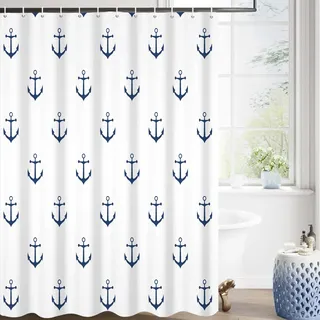 GCIREC Duschvorhang, 180x200cm, Weiß mit Marineblau Nautischer Anker Moderner Minimalismus Wasserdichter Stoff Maschinenwaschbarer Badezimmervorhang mit Haken