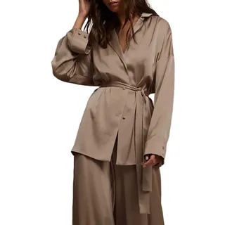 LUKX Morgenmantel Damen Leicht,Zweiteiler Satin Bademantel Brauner Kimono Robe Einfacher V-Ausschnitt Morgenmantel Leichtes Kurzes Nachthemd Hose Pyjama Set Braut Morgenmantel Bademantel Damen