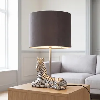 Licht-Erlebnisse Tischleuchte Samt Schirm 35 cm hoch in Silber Schwarz E27 Resin Zebra E27 Tischlampe Wohnzimmer Nachttischlampe Schlafzimmer