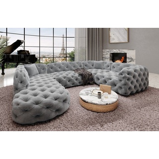 Sofa Dreams Wohnlandschaft Stoff Sofa Design Couch Lanzarote U Form Stoffsofa, Couch im Chesterfield Stil grau