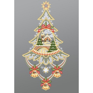 Plauener Spitze® Fensterbild Weihnachtsbaum mit Kirche, HxB 39x20cm