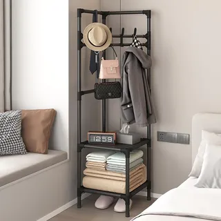 Eck-Flur-Baum, freistehend, Garderobenständer, Kleiderständer mit 3 Etagen Regal und Haken für Eingangsbereich, Flur, Schlafzimmer (Schwarz, 2 Ebenen)