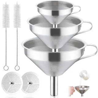 McNory Edelstahl Trichter Set, 3-teilig mit Griff & abnehmbarem Sieb, Einfülltrichter für flüssige Zutaten (13/11/5.6 cm)