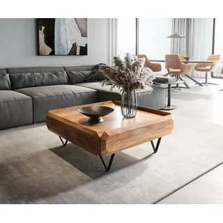 DELIFE Couchtisch Kiano, Akazie Natur 90x90 cm 2 Schübe V-Fuß Schwarz beige 90 cm x 35 cm x 90 cm