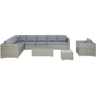 Gartenmöbel Set Hellgrau Rattan u. Aluminium Modular mit 2 Couchtischen Mehrere Kissen Grau 8-Sitzer Lounge Set Terrasse Outdoor Modern