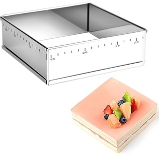 Guowall Backrahmen Quadratisch Verstellbar, Edelstahl Rechteckig Backform Tortenrahmen für Mousses, Dessertcreme, Kuchen, 15-28 cm