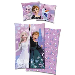 Disney FROZEN - Die Eiskönigin Bettwäsche 80x80 + 135x200cm, 100% Baumwolle mit Reißverschluss - Rosa/Bunt/Hellblau
