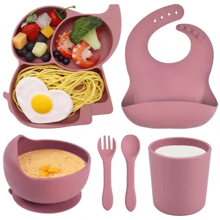 Domueay Baby Geschirrset 6 Stücke Silikon Kindergeschirr Set mit Saugnapf Kinderteller Schüssel mit Lätzchen Tasse Löffel Gabel Rutschfest Baby Essen Set BPA Freie Babygeschirr Dunkelrosa Elefant