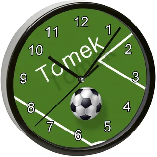 CreaDesign, Wanduhr Kinder personalisiert mit Name, Motiv Fußball, Rahmen Wanduhr schwarz, Ø 19,5 cm