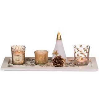Out of the Blue 950094 - Weihnachtsdeko Set, weißes Holz Tablett mit Teelichthaltern, Teelicht, Kerzen und Dekoration, ca. 36 x 14 cm