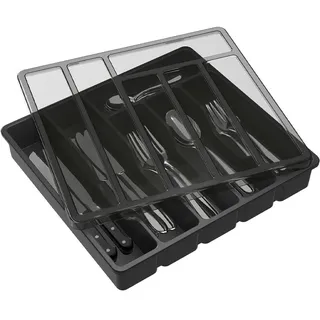 Rhein Beleuchtung Besteckkasten Besteck-Organizer mit 6 Fächern und Deckel (schwarz) (Geeignet zur Aufbewahrung von Löffeln, Gabeln, Messern), Staubfreie Lagerung, ordentliche Lagerung, leicht zu reinigen schwarz