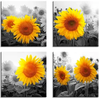 Visario Leinwandbild Sonnenblumen 60x60 cm 4-teilig je 30x30 cm 6614 Wandbild auf Leinwand mit Holzrahmen - Gelbe Blumen Kunstdruck Modern Schwarz Grau Kontrast - Wanddeko Wohnzimmer Schlafzimmer