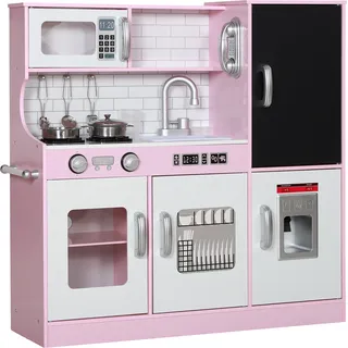 AIYAPLAY Kinderküche Spielküche mit Spielzeug Telefon, Kreidetafel, Mikrowelle, Herd, Spüle, Puppenküche mit Küchenzubehör, Eiswürfelmaschine für 3-8 Jahre Kinder, Rosa   Aosom