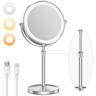 skelo Kosmetikspiegel Schminkspiegel mit Beleuchtung, 10-fach Vergrößerung, Höhenverstellbar (1-St., Kosmetikspiegel mit Standfuß, Standspiegel doppelseitig), 2000mAh, 10X Vergrößerung, Höhenverstellung 39-49 cm, 3 Farbtemperatur silberfarben