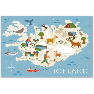 Postereck - 3362 - Island, Karte Kinder Tiere Kinderzimmer Meer - Kinder Kinderzimmer Kinderbild Wandposter Fotoposter Bilder Wandbild Wandbilder - Poster - DIN A4-21,0 cm x 29,7 cm