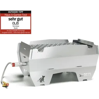 Skotti Mobiler Gas Grill inkl Transporttasche, Original Germany, unverwüstlich, Stecksystem, Edelstahl Tischgrill klappbar, Holzkohlegrill