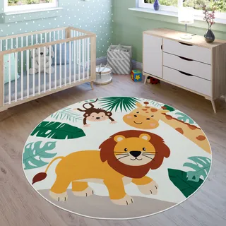 Kinderteppich PACO HOME "Bino 582" Teppiche Gr. Ø 200 cm, 4 mm, 1 St., beige Kinder Kinderzimmerteppiche Spielteppich, Motiv Tiere, Löwe & Giraffe, Kinderzimmer