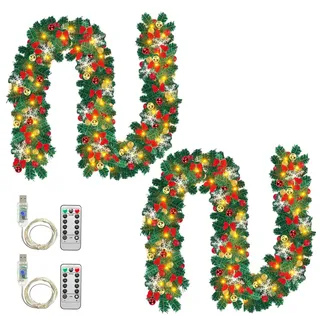 Vigevee Weihnachtsgirlande 2er 5m mit Beleuchtung, Künstliche Tannengirlande mit 100 LEDs Warmweiß inkl.Deko und Fernbedienung, USB 8 Modus Lichterketten, Weihnachtsdeko In & Outdoor
