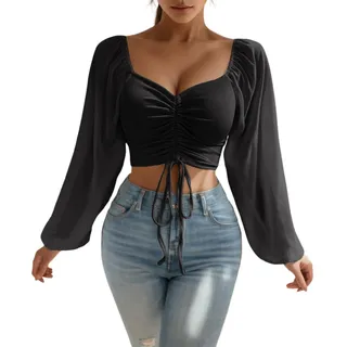 DeaAmyGline Crop Tops Damen Langarm Puffärmel - Bluse Elegant T Shirt Damen V Ausschnitt Sexy Kordelzug Falten Enge Tunika Top Cropped Oberteile Festliche Party Oberteil Blusen & Tuniken für Fraue