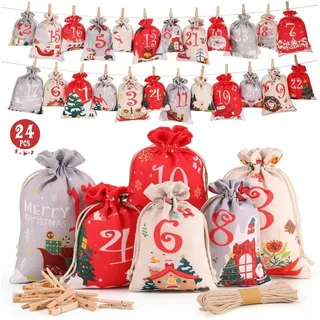 LuxusKollektion DIY-Adventskalender Adventskalender 2024 DIY Set 24 Stoffbeutel Holzklammern Hanfseil Rot