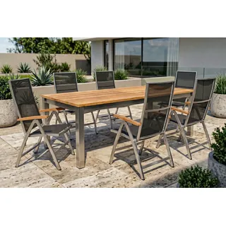 STERN Cardiff Garten-Essgruppe, silber/silbergrau, Edelstahl/Teak, Tisch 220/340 x 100 cm, 6 Klappstühle, FSC®-zertifiziertes Produkt