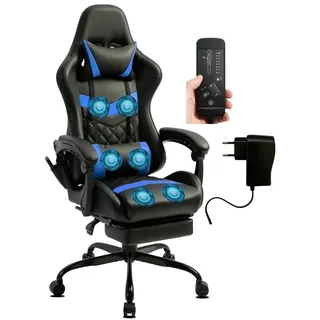 Delman Gaming Stuhl Racing Stuhl Bürostuhl Computerstuhl Massagefunktion mit 6 Vibirationspunkten Chefsessel Kunstleder Ergonomische Fußstütze 12-0037 (Blau)