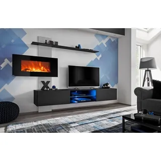ASM-Moebel Wohnwand Wohnwand Flame E mit Elektrokamin Push - Click System und Led, Elektro Kamin, Led Beleuchtung und Push Click schwarz