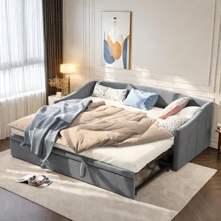 DAHUEN Schlafsofa 90/180x200 cm, 2-Sitzer Sofa mit Schlaffunktion, Sofabett Ausziehbar zum Doppelbett, Funktionsbett, Gästebett Klappbar, mit Lattenrost, Samtstoff, Grau