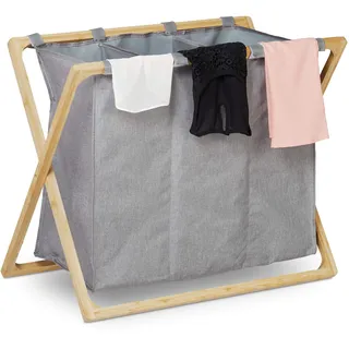 Relaxdays Wäschesortierer, klappbarer Wäschesammler mit 3 Fächern, 3x 28 L, Wäschetrenner, 57,5 x 69 x 38 cm, grau/Natur