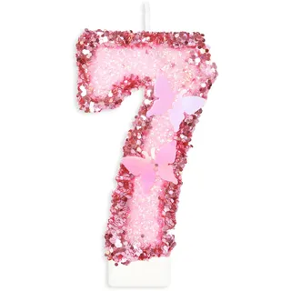 Geburtstagskerzen Zahlen 7, Schmetterling Kerzen Geburtstag, Personalisierte Geburtstagskerzen Kinder, Rosa Tortendeko 7 Geburtstag, Glitzernde Kuchendeko für KinderGeburtstags, Erwachsenen-Jubiläum