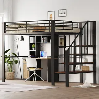 Flieks Hochbett 140x200cm mit Treppe, Etagenbett Kinderbett mit Rausfallschutz, Stockbett Metallbett mit Lattenrost, Doppelbett Kinder, Schwarz - Schwarz