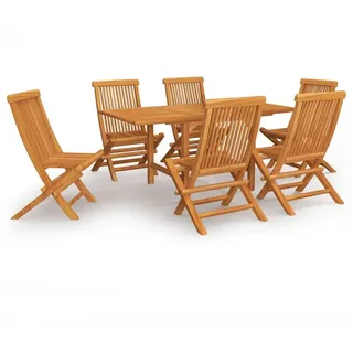 Gartenmöbel-Set, 7-tlg. Essgruppe für 6 Personen, Massivholz Teak, ausziehbarer Tisch (110-160) x 80 x 75 cm mit Schirmloch, 6 klappbare Stühle - Bunt