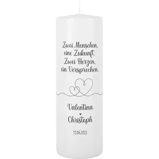 Herz & Heim® Hochzeitskerze mit sommerlichen Motiven oder Sprüchen, mit Wunschnamen und -datum Zwei Herzen, ein Versprechen