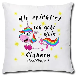 TRIOSK Einhorn Kissen lustig mit Spruch Mir reichts Dekokissen Geschenk für Einhornfans Frauen Mädchen Kinder Zierkissen Füllung 40x40 Rosa Bunt