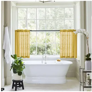 Jibenhome Scheibengardine Kurze Gardinen 2 Stück Transparent Leinen Vorhang, Stangendurchzug, Einfarbig Volant Gaze, Voile