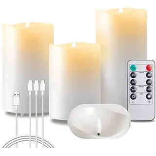 EXTSUD LED-Kerze Flammenlose LED Kerzen 3er Flackerndes Echtwachs Kerzen Aufladbare (Stumpenkerzen für Haus Hochzeit Weihnachten Halloween Party Decor), LED Kerzen mit Timer und Fernbedienung weiß