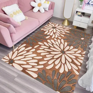 Rug-QJDDUP Kurzflor Teppich Quadratisch,Brown 150 x 150 cm, Designerteppich Moderner Wohnzimmerteppich Schlafzimmer Kinderzimmer,Braun Grau Weiß Floral Minimalistisches Design Modern