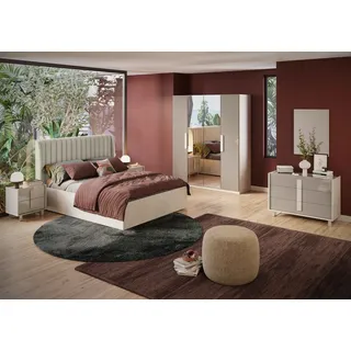 Interdesign24 Schlafzimmer-Set Angelika, (6-Teilig, inkl. Spiegeltüren und gepolstertem Kopfteil, in Taupe/Marmornachbildung Beige), Made in Italy