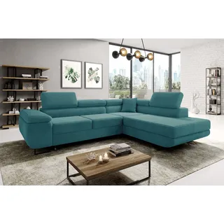 Easy4You Ecksofa Türkis Avatar Kord L-Form – 277x73x203 cm - Schlafsofa mit Bettkasten und Schlaffunktion - Eckcouch mit Stauraum – Rechts – Stoff Kord POSO 26