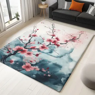 Generisch Teppich Wohnzimmer Tuschemalerei Kirschblüten 160 x 230 cm Home Kurzflor Teppich, Schlafzimmer Teppich, 3D Drucken Teppiche, Flauschig Weicher Teppich, Waschbar Flanell Teppiche