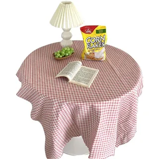Karierte Tischdecke aus Baumwolle, kleine runde Tischdecke, kleine Couchtischdecke, Leinen, Tischdecke Bauernhaus Checker Gingham Vintage Dekorative Tischdecke für Küche, Esszimmer(Rosa#150 * 150cm)
