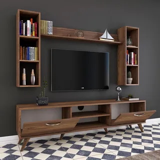 Wandregal Visso, Modularer Wohnzimmerschrank, 9 Fächer, 2 Türen, Nussbaum Braun