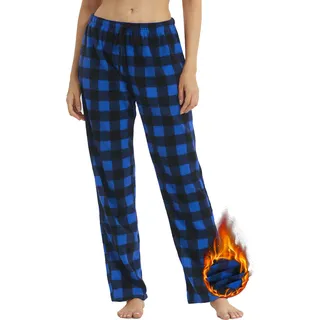 YUSHOW Schlafanzughose Damen Lang Fleece Karierte Pyjamahose Winter Weich Nachtwäsche Pyjama Hose Soft Freizeithose Weihnachts Pyjama mit Kordelzug - S
