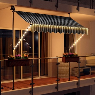 LED - Markise mit Kurbel 250cm Breit Klemmmarkise Balkonmarkise Sonnenschutz Terrasse Balkon - 250x150cm - grau/weiss