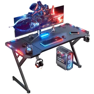 hlonone LED Gaming Schreibtisch 120 x 60 cm, Gaming Tisch mit LED, Stabiler PC Tisch mit Kohlefaserbeschichtung, Gamer Tisch mit Getränkehalter und Kopfhörerhaken, Schwarz