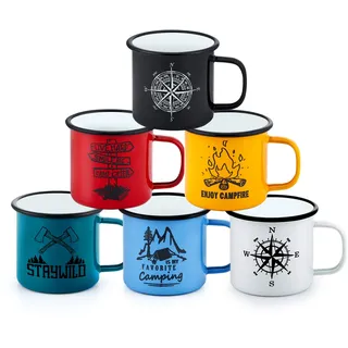 Homikit Emaille Tasse 6er-Set, 16 Unze Mehrweg Kaffeebecher Trinkbecher Teetasse, Porzellan Blau/Weiß/Schwarz/Rot/Gelb/Grün Camping Becher für Daheim, Büro, Camping & Tragbr