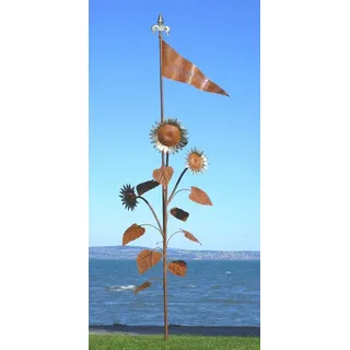 Casa Padrino Luxus XXL Garten Skulptur Sonnenblumen mit Flagge Rost / Silber 95 x 75 x H. 290 cm - Riesige XXL Garten Deko - Luxus Outdoor Deko - Luxus Garten Deko Accessoires